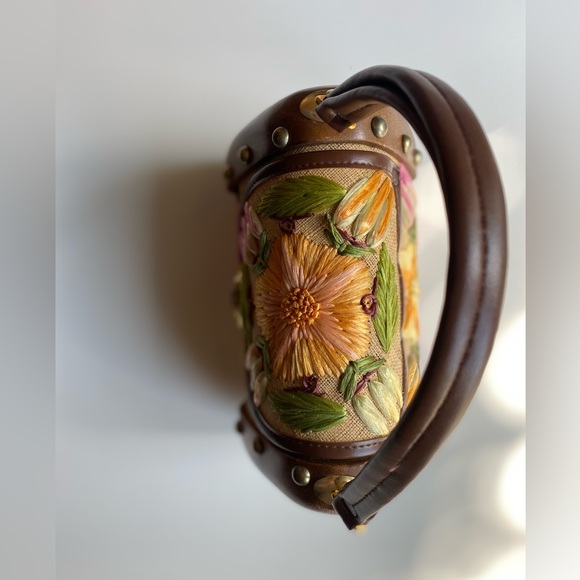 SOLD - Vintage Boho Raffia Woven Straw Floral Wooden Box Bag Purse Cabana - Picture 7 of 13